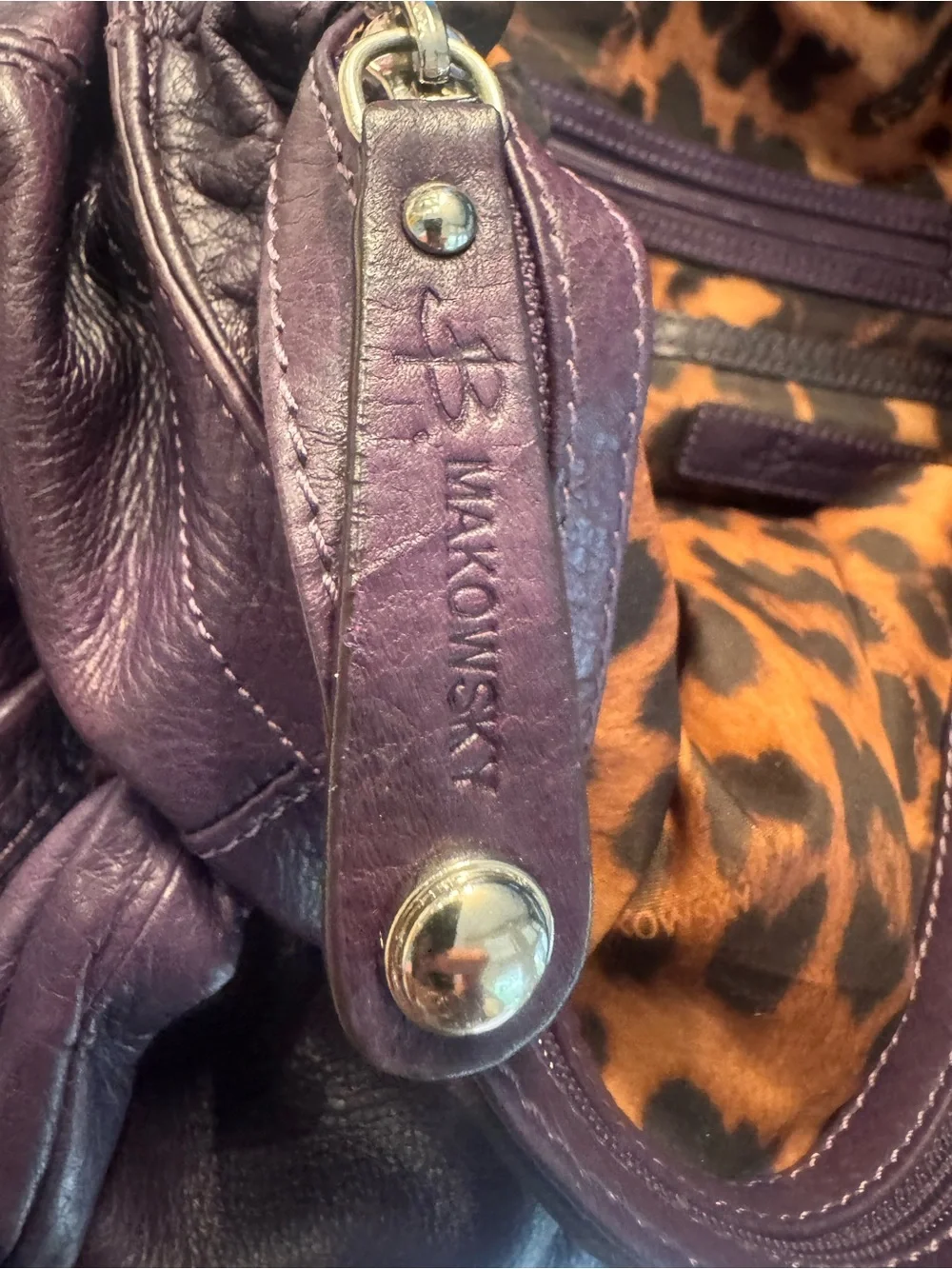 B Makowsky Purple Pebbled Leather Hobo Shoulder Bag Braided Handles Large - Picture 8 of 14